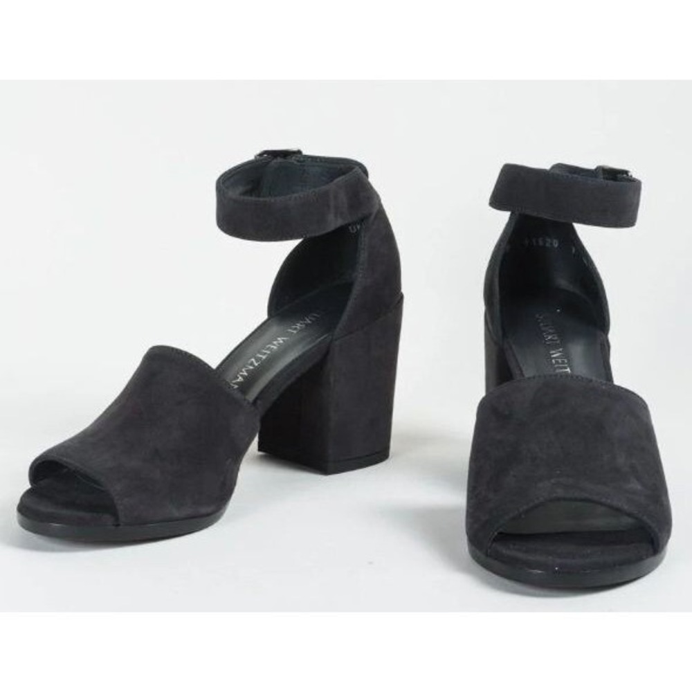 Stuart Weitzman Soho Gal Gray Suede Leather Ankle Strap Block Heel Sandals 5.5 M